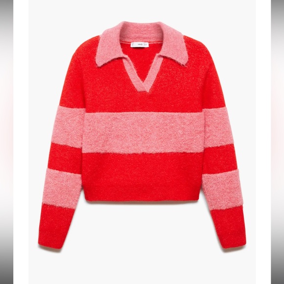 Mango Sweaters - Mango Red and Pink Striped V-Neck Sweater